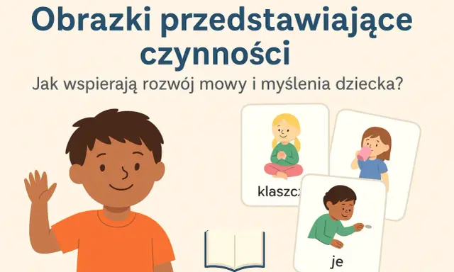 Uśmiechnięty chłopiec, jak dwu letnie dziecko, macha ręką obok kart z czynnościami: dziewczynka pije, siedzi i chłopiec rzuca monetą.