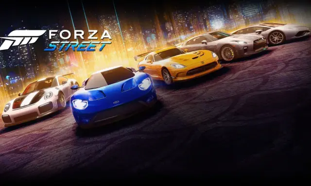 Pięć sportowych samochodów, w tym niebieski Ford GT i żółty Dodge Viper, gotowych do wyścigu w grze Forza Street.