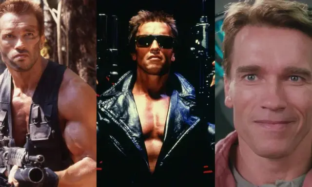 Arnold Schwarzenegger i tre ikoniska roller från sina filmer. Från djungeln med vapen till den tuffa Terminator.