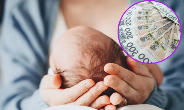 Dłoń trzymająca główkę niemowlęcia, w tle okrąg z polskimi banknotami 200 zł.