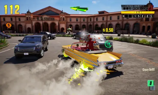 Żółta taksówka wykonuje szalony drift, zostawiając za sobą dym i zielone płomienie. Gra w stylu crazy taxi.