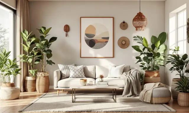 Salon w stylu scandi boho: jasna sofa, dużo roślin, plecione donice, makrama i obraz z geometrycznymi kształtami.
