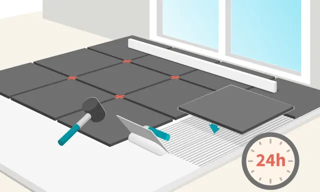Illustration montrant par où commencer la pose d'un carrelage au sol. Outils et carreaux sont présents, avec une indication de 24h de séchage.