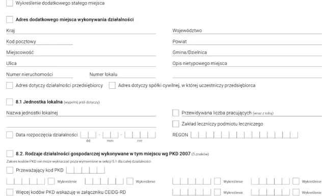 Formularz do wpisania danych o dodatkowym miejscu wykonywania działalności gospodarczej, w tym adres i kody PKD.