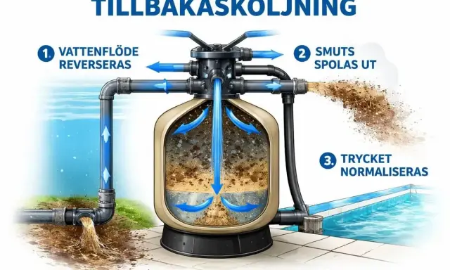 Illustration visar hur man byta sand i sandfilter. Vattenflödet reverseras, smuts spolas ut och trycket normaliseras.