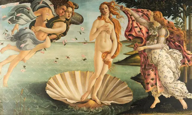 La Naissance de Vénus, chef-d'œuvre de Botticelli à Florence, dépeint la déesse sur une coquille, accueillie par les Vents et une Hora.