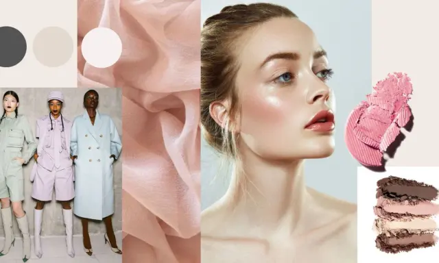 Moodboard con palette colori neutri e pastello, abiti eleganti e make-up luminoso. Un'ispirazione per capire l'armocromia cos'è.
