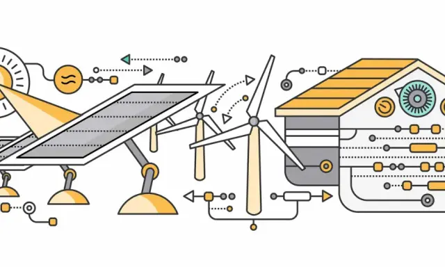Ilustracja koncepcyjna: dom pasywny projekt z panelami słonecznymi, turbiną wiatrową i systemem dystrybucji energii.