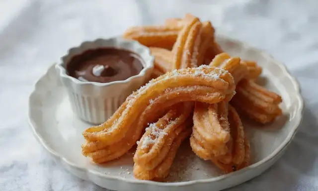 Churros co to? Złociste, chrupiące paluszki posypane cukrem pudrem, idealne do maczania w gorącej czekoladzie. Pyszna przekąska!