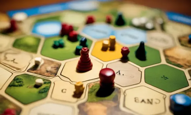 Plansza do gry Catan, z pionkami i zasobami. Catan instrukcja jest kluczem do zwycięstwa.