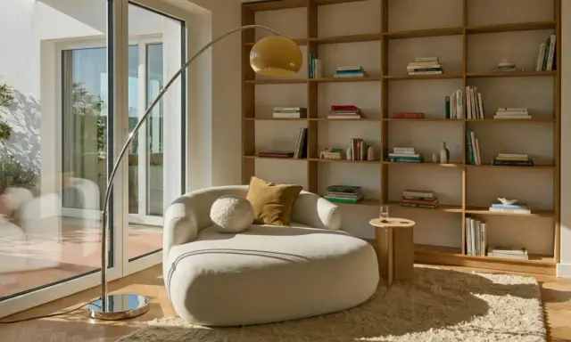 Un accogliente angolo lettura con divanetto curvo, libreria in legno e lampada ad arco. Perfetto per creare le tue idee angolo lettura.