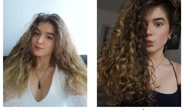 Avant : cheveux mi-longs, ondulés et un peu frisottis. Après : cheveux bouclés, brillants et pleins de vie.