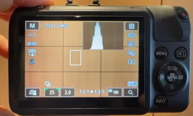 Schermo di una fotocamera **Canon M** in modalità manuale, con istogramma e impostazioni visibili.
