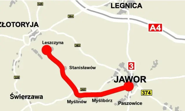 Mapa z zaznaczonym czerwonym szlakiem wygasłych wulkanów, łączącym Leszczynę z Jaworem. Widać też Legnicę i Złotoryję.