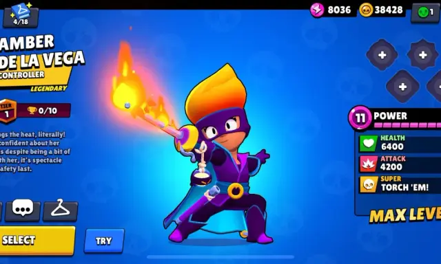 Amber De La Vega, postać z gry Brawl Stars, w stroju kontrolera z płonącym mieczem.
