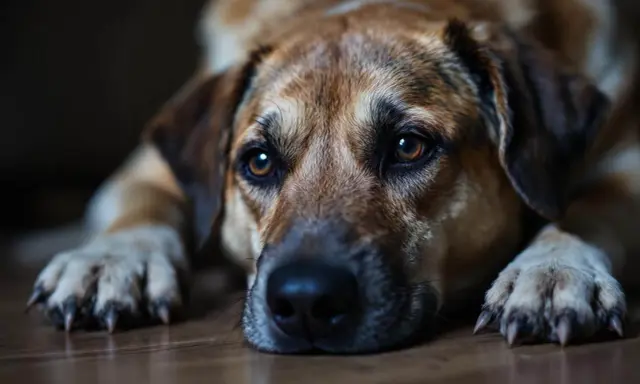 Gros plan sur un chien désorienté la nuit, le regard perdu dans le vide, couché sur le sol en bois.