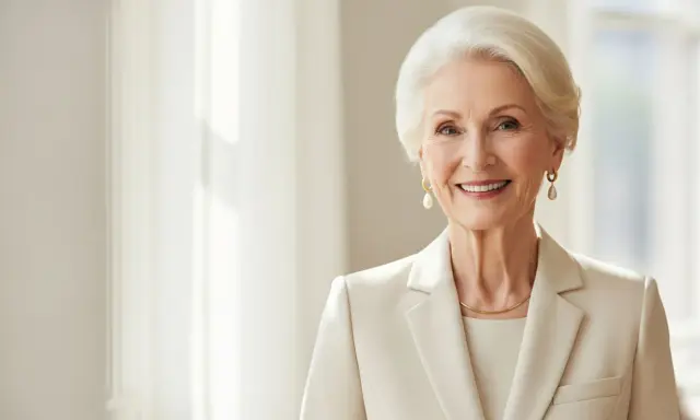Eleganza senza tempo: come vestirsi a 70 anni e più con stile. Una donna sorride, indossa un tailleur chiaro e perle.