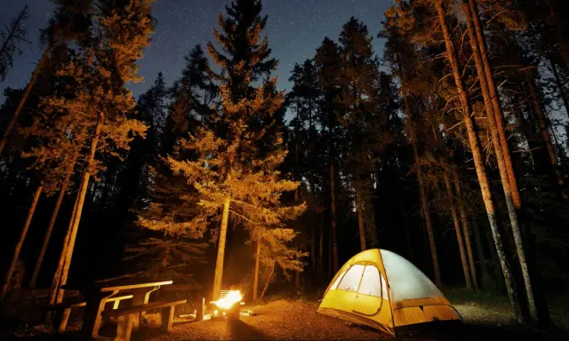 Nocne pole namiotowe nad jeziorem. Rozświetlony namiot, ognisko i ławka wśród drzew pod rozgwieżdżonym niebem.
