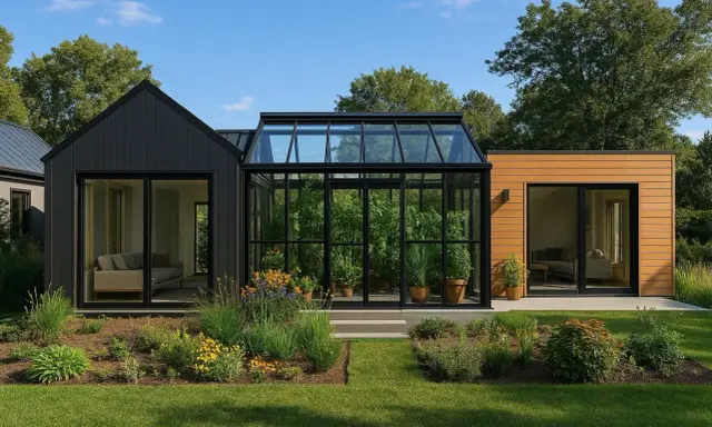 Une maison nature moderne avec une serre vitrée luxuriante, entourée de verdure et de fleurs.
