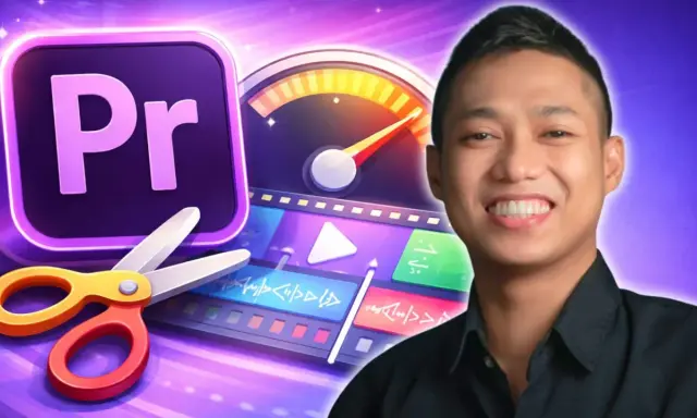Joven sonriente junto a íconos de edición de video: tijeras, logo de Premiere y una línea de tiempo. ¡El futuro de la premiere IA!