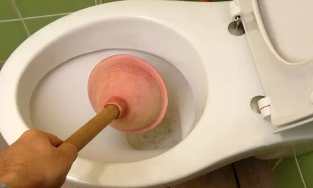 Main tenant utilise une ventouse pour déboucher le WC.
