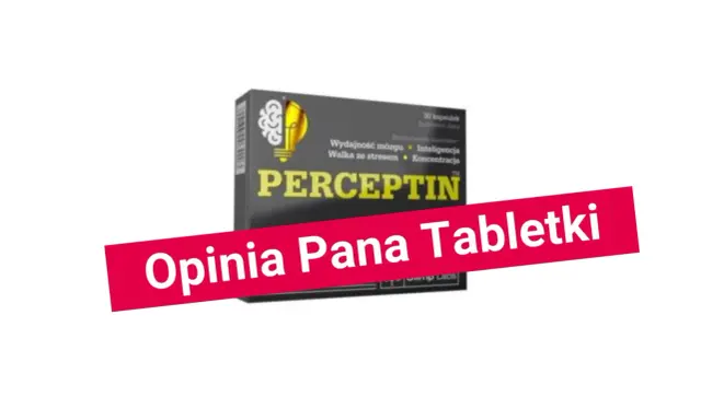 Opakowanie suplementu Perceptin, który ma poprawić co na pamięć, koncentrację i inteligencję. Czerwony pasek z napisem "Opinia Pana Tabletki".