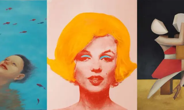 Three distinct artworks showcase figurative art: a child looking up at fish in blue water, a vibrant pop art portrait of Marilyn Monroe, and abstract dancers.