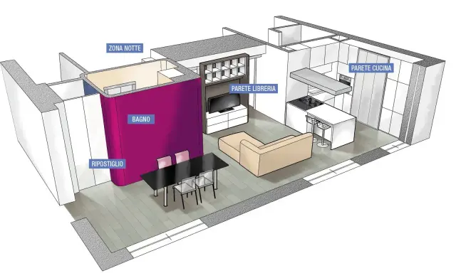 Progetto per come dividere casa 100 mq: zona giorno open space con cucina a vista, zona notte separata, bagno e ripostiglio.
