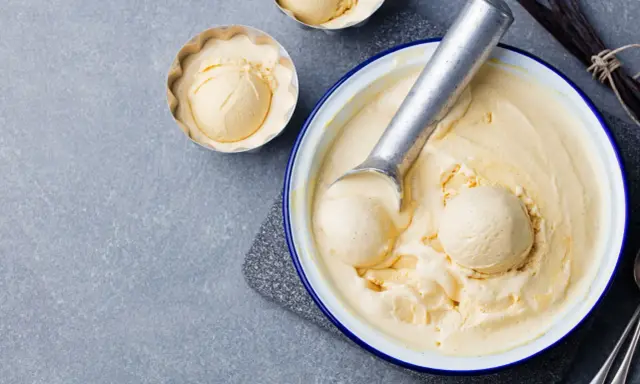 Glace vanille sorbetière crémeuse, servie dans un bol avec une cuillère à glace. Des gousses de vanille sont disposées à côté.