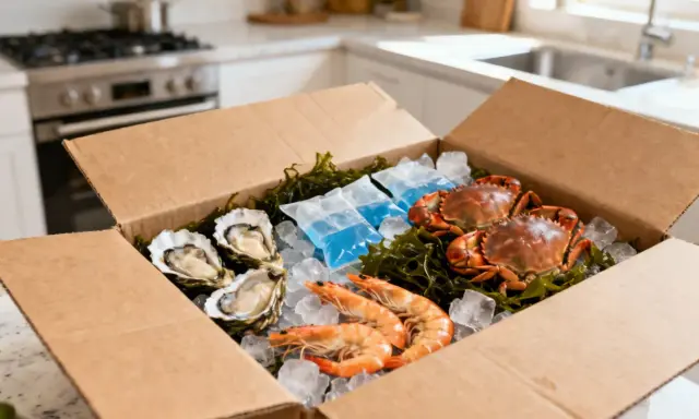 Boîte de fruits de mer frais : huîtres, crevettes et crabes, prêts pour un festin digne d'un restaurant de fruits de mer à Tours.