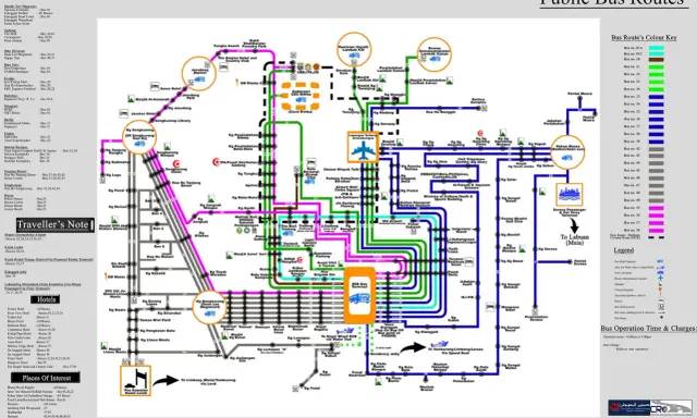 Mapa publicznych tras autobusowych Brunei-Muara z zaznaczonymi punktami, sklepami i hotelami.