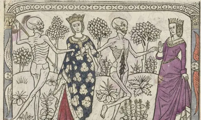 Obraz danse macabre: szkielety wiodą do tańca królową i damę, przypominając o nieuchronności śmierci.