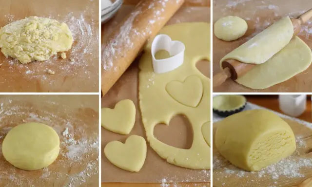 Preparazione di biscotti pasta frolla a forma di cuore. L'impasto viene steso e tagliato con un coppapasta.