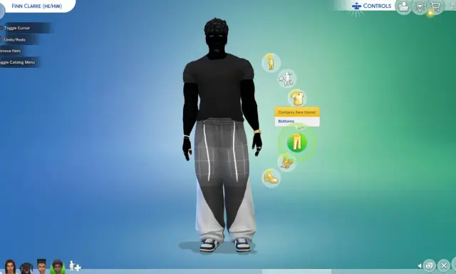 Tworzenie postaci w grze The Sims 4. Używam kod na modyfikacje sima, by dopasować ubranie.