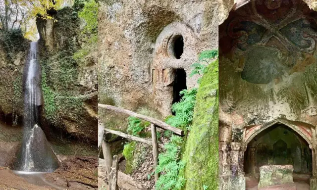 Cascata e grotte scavate nella roccia, tra cui un'antica cappella affrescata, nel suggestivo eremo di Poggio Conte.