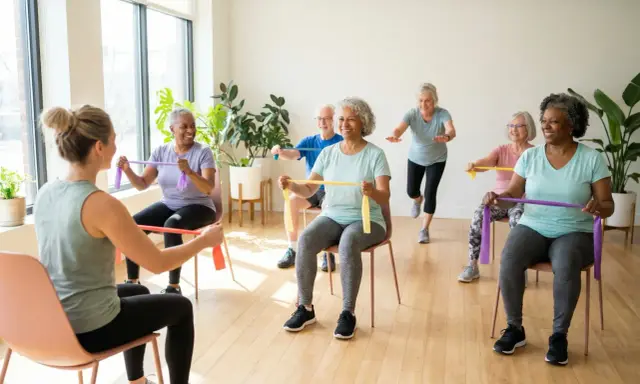 Grupa seniorów ćwiczy z gumami oporowymi, ciesząc się aktywnością w wieku geriatrycznym.