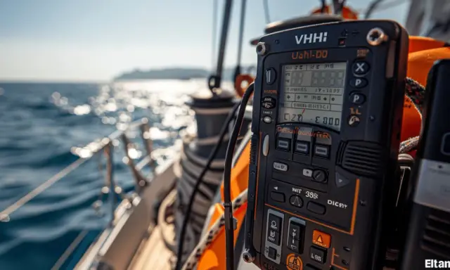 Radio VHF marine en action sur un voilier, assurant la communication en mer.