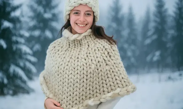 Lucila sonríe, abrigada con un poncho tejido grueso y un gorro, en un bosque nevado.