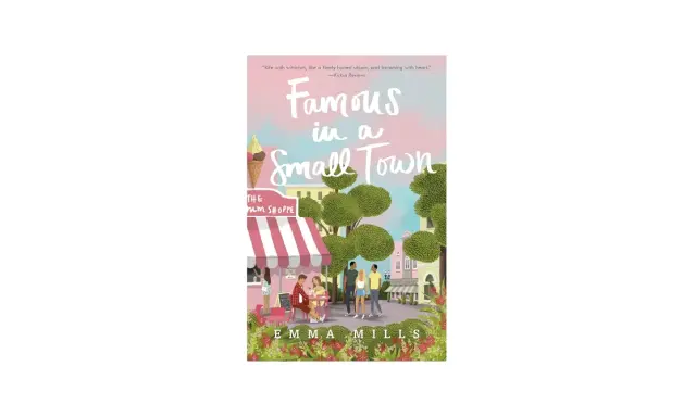 Okładka książki "Famous in a Small Town" z lodziarnią i ludźmi, idealna na zakończenie lata.