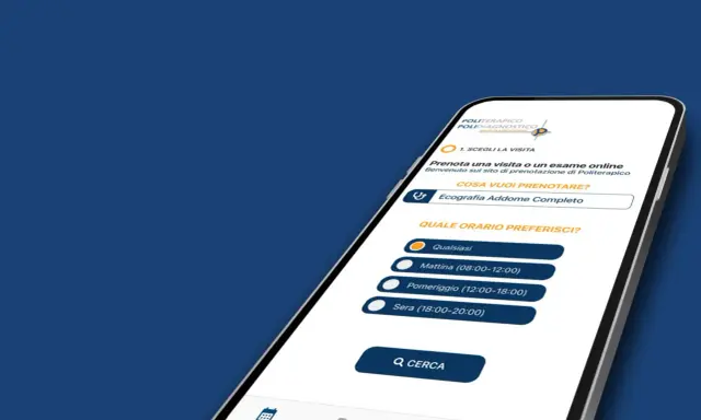 App per prenotare visite mediche, con opzioni per ecografia addome e scelta orario. Esempi di poliptoto nella scelta dell'orario: Mattina, Pomeriggio, Sera.