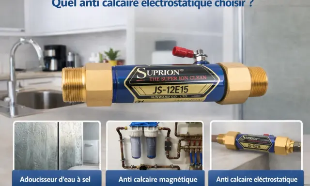Appareil anti calcaire électrostatique Supurion JS-12E15, avec des vignettes montrant des gouttes d'eau, un filtre et un autre appareil.