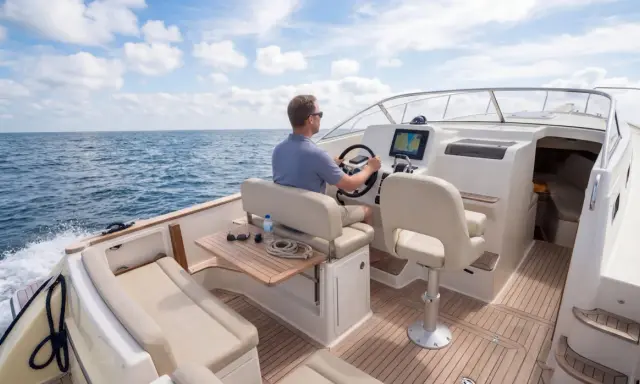Un homme pilote un bateau sur la mer, le tableau de bord affiche le numéro MMSI.