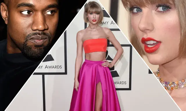 Kanye West i Taylor Swift na gali Grammy. Kanye West w czarnej koszulce, Taylor Swift w dwuczęściowej kreacji.