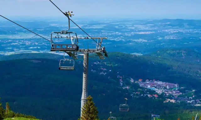 Karpacz i Szklarska Poręba z lotu ptaka. Kolejka linowa wznosi się nad zielonymi lasami i zabudowaniami.