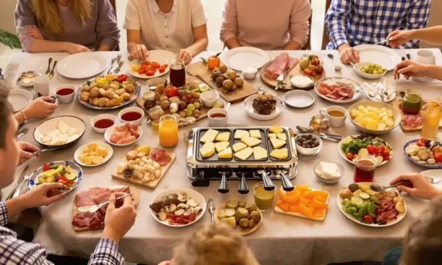 Une table conviviale pour une idée plateau raclette : fromages, charcuteries, légumes et pommes de terre attendent d'être fondus.