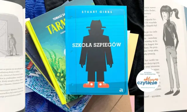 Okładka książki "Szkoła szpiegów" Stuarta Gibbsa, z sylwetką szpiega w kapeluszu i płaszczu. Kolejność książek na zdjęciu sugeruje, że to początek przygody.