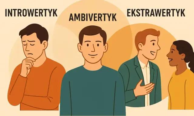 Trzy osoby: zamyślony introwertyk, uśmiechnięty **ambiwertyk** i rozmawiający ekstrawertyk.