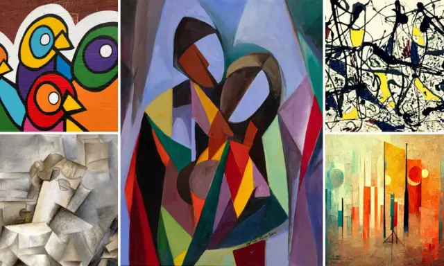Collage of modern art styles: vibrant birds mural, cubist portrait, abstract figures, Jackson Pollock-esque drip painting, and a stylized cityscape.