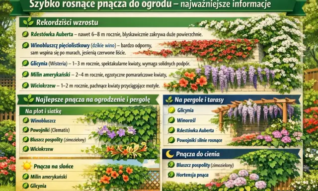 Szybko rosnące pnącza zimozielone na siatkę: winobluszcz, powojniki, bluszcz, wiciokrzew. Wiele gatunków szybko pokrywa ogrodzenie.