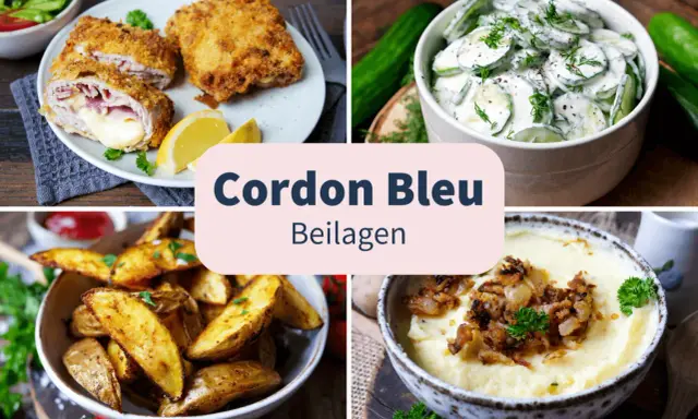 Cordon Bleu mit Kartoffelspalten, Gurkensalat und Kartoffelpüree. Köstliche Beilagen für ein perfektes Essen.